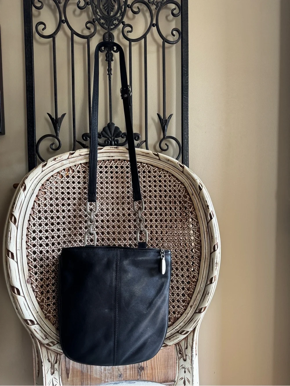 Sabina New York Black Leather Shoulder Bag with Silver Hardware